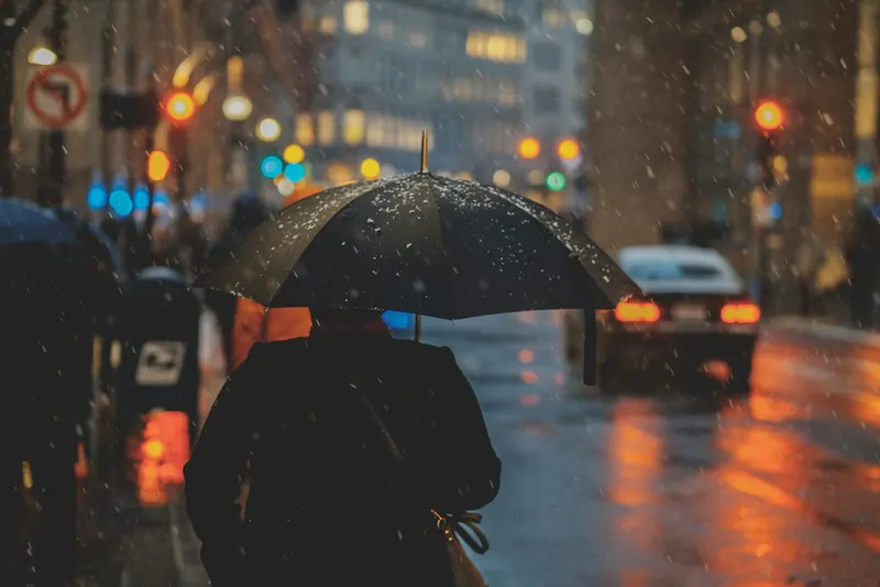 বৃষ্টিতে ছাতা হাতে পথ চলছেন একজন